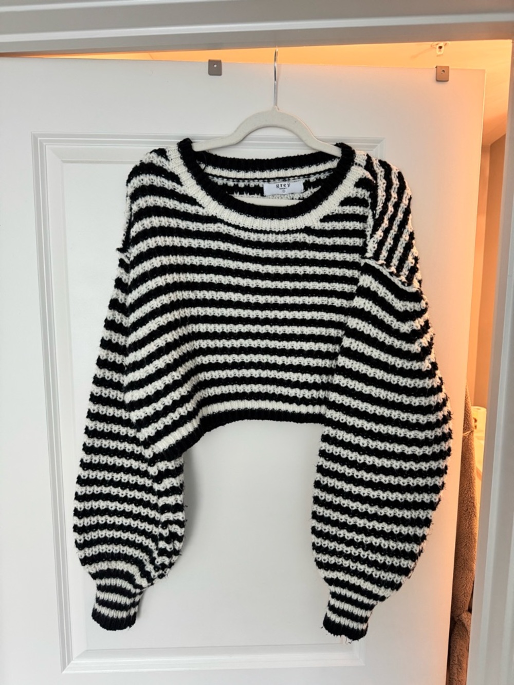 Grey Bandit Striped Black and White Cropped Balloon Sleeve Sweater